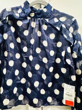 Zara Navy Blue Sheer Blouse with White Dots
